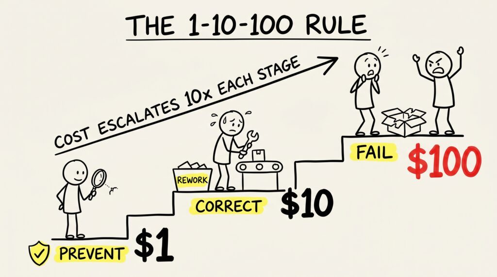 The 1-10-100 rule shown as a whiteboard staircase: prevent a defect for $1, correct it for $10, or pay $100 once it reaches the customer