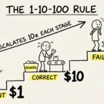 The 1-10-100 rule shown as a whiteboard staircase: prevent a defect for $1, correct it for $10, or pay $100 once it reaches the customer