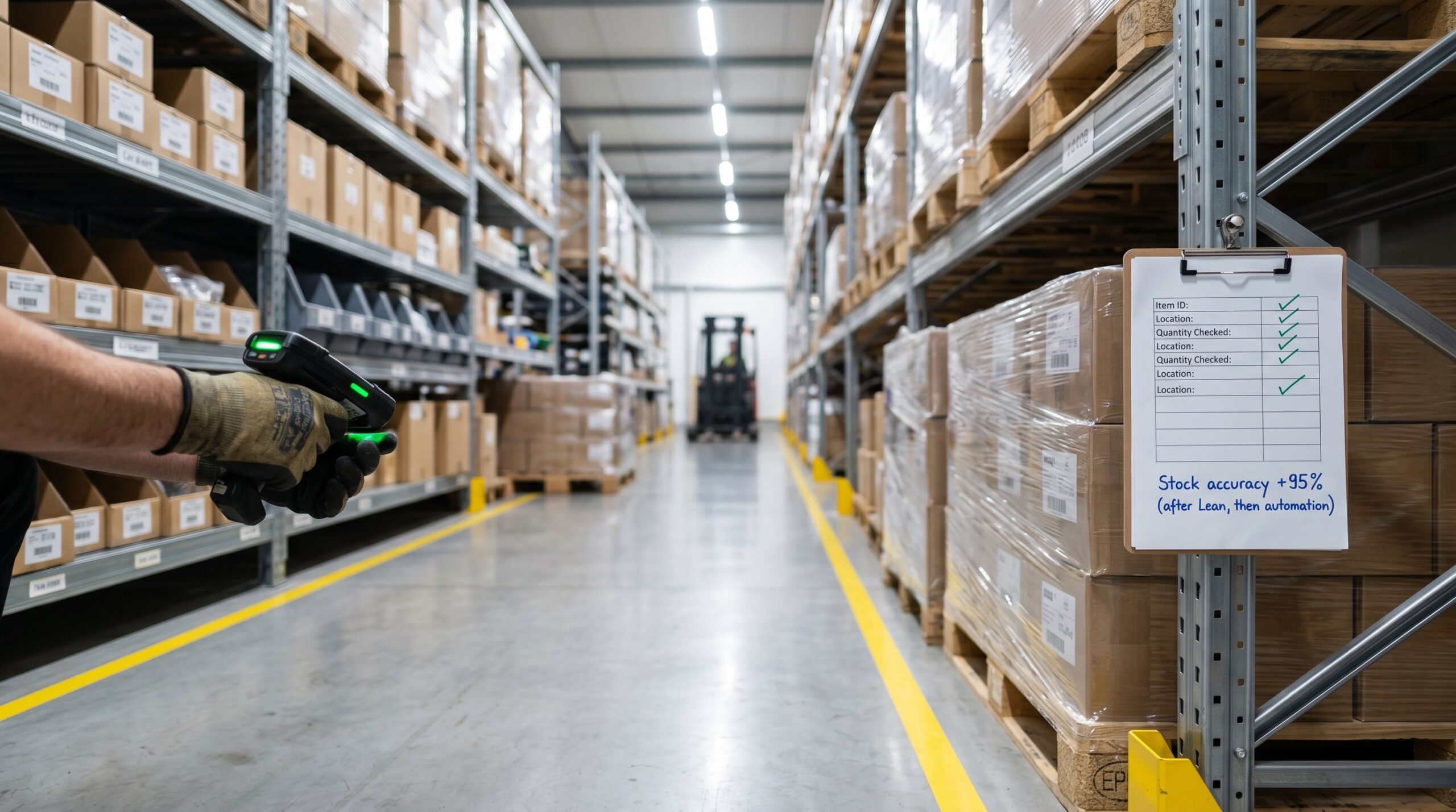 Organized warehouse with worker scanning a pallet using RFID after lean process stabilization improved stock accuracy