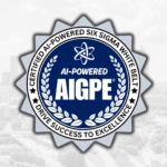 AI-Powered Six Sigma White Belt certification seal from AIGPE over an Atlanta skyline
