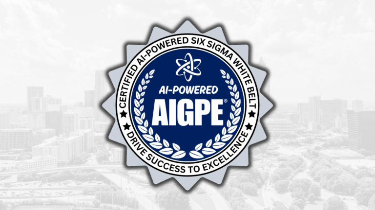 AI-Powered Six Sigma White Belt certification seal from AIGPE over an Atlanta skyline