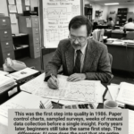 AI-Powered Six Sigma White Belt concept: a 1986 quality analyst surrounded by paper control charts, the manual work AI now does in seconds