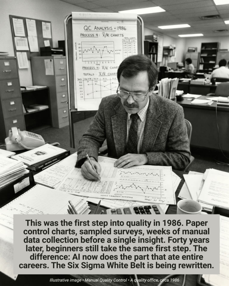 AI-Powered Six Sigma White Belt concept: a 1986 quality analyst surrounded by paper control charts, the manual work AI now does in seconds