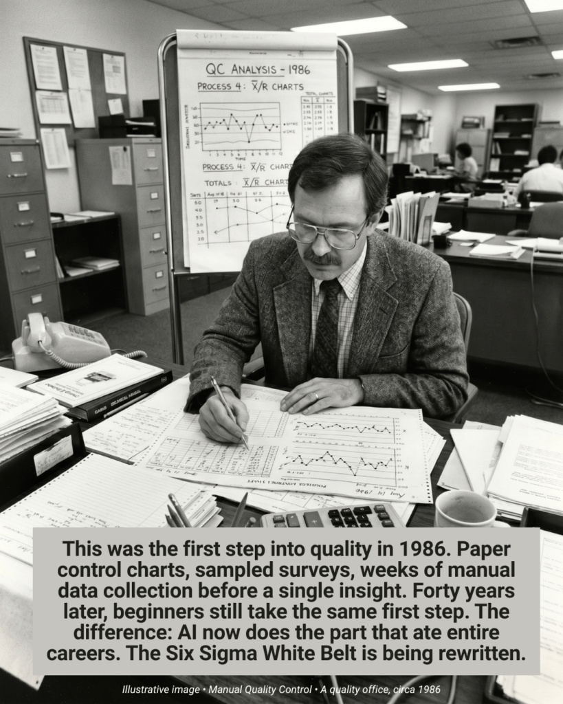 AI-Powered Six Sigma White Belt concept: a 1986 quality analyst surrounded by paper control charts, the manual work AI now does in seconds