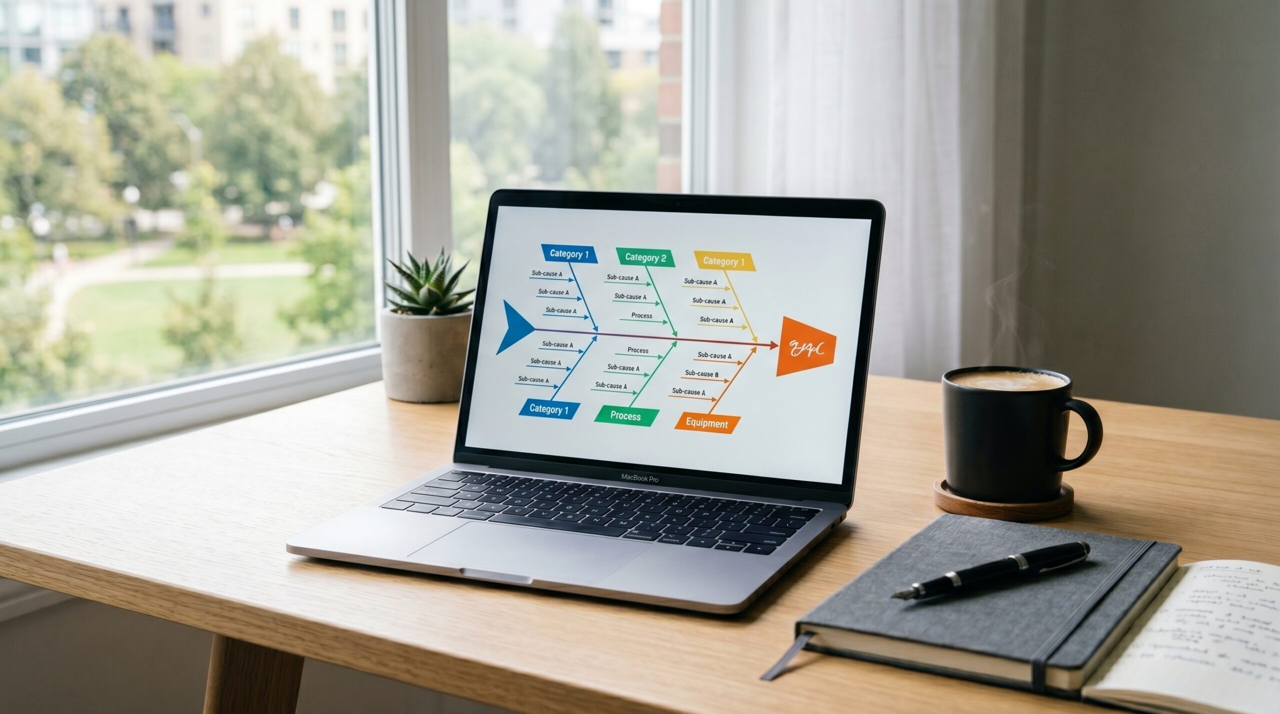 AI-generated fishbone diagram on a laptop, the kind an AI-Powered Six Sigma White Belt builds in minutes