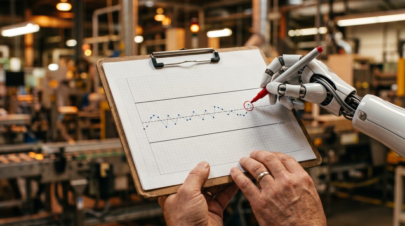 Control chart with points inside control limits that AI misreads as a trend, leading to tampering