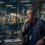 Quality engineer reviewing an AI root cause analysis on screen with control charts in a factory office, deciding whether to trust it