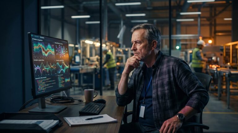 Quality engineer reviewing an AI root cause analysis on screen with control charts in a factory office, deciding whether to trust it