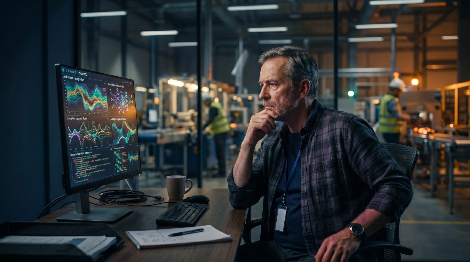 Quality engineer reviewing an AI root cause analysis on screen with control charts in a factory office, deciding whether to trust it