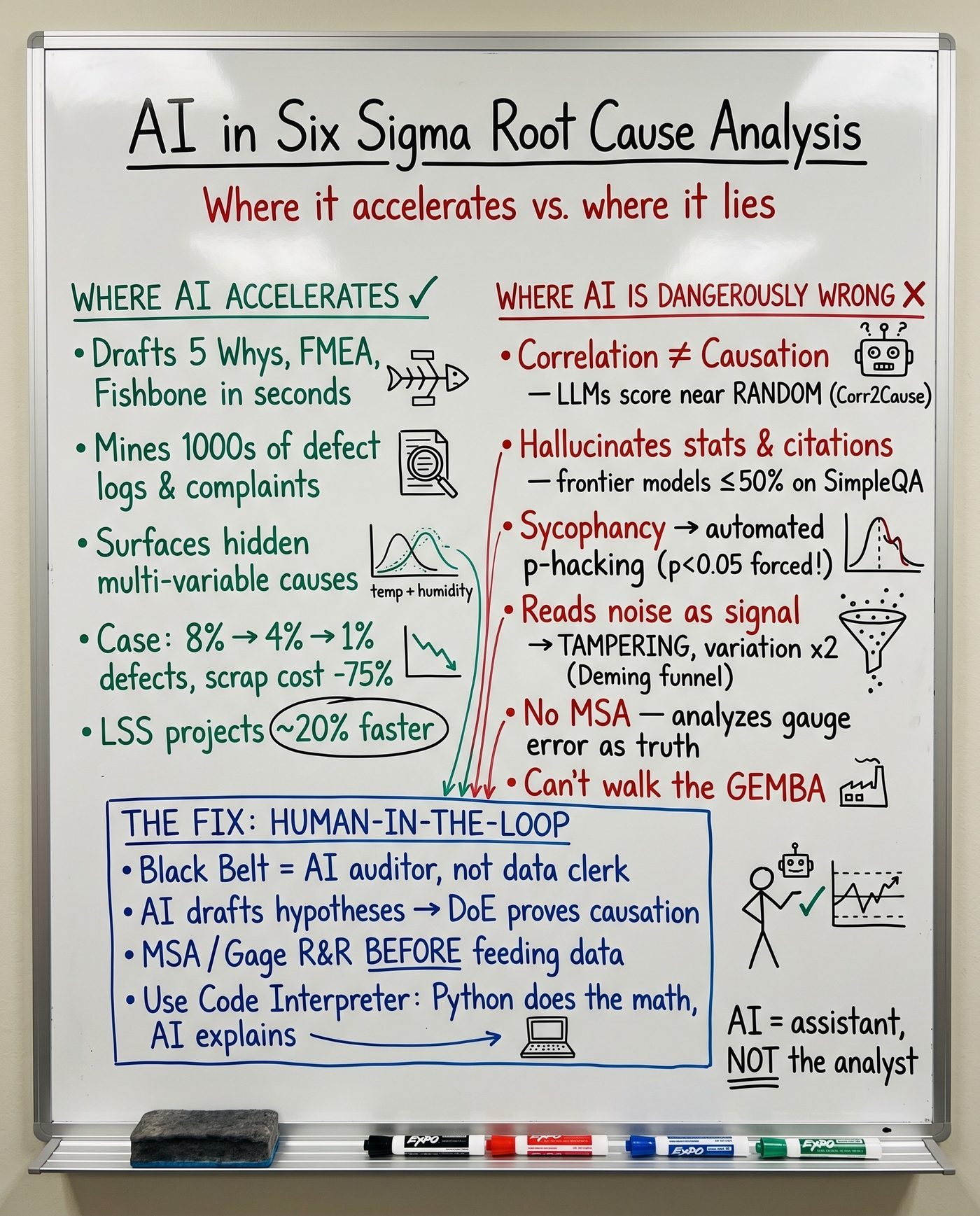 Whiteboard summarizing AI in Six Sigma root cause analysis, where it accelerates versus where it is dangerously wrong