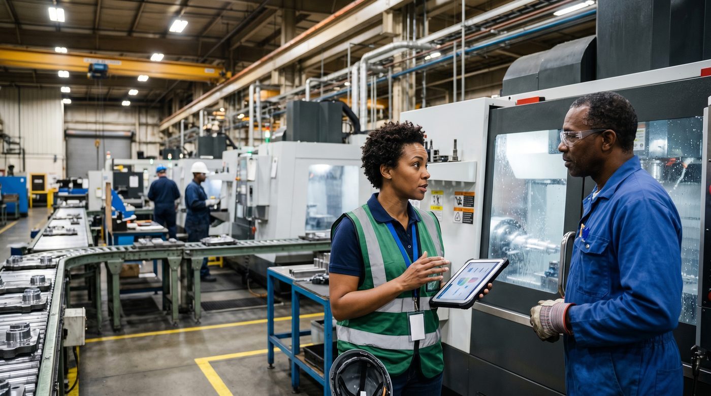 Black Belt walking the gemba on the factory floor observing machines and operators for context AI cannot see