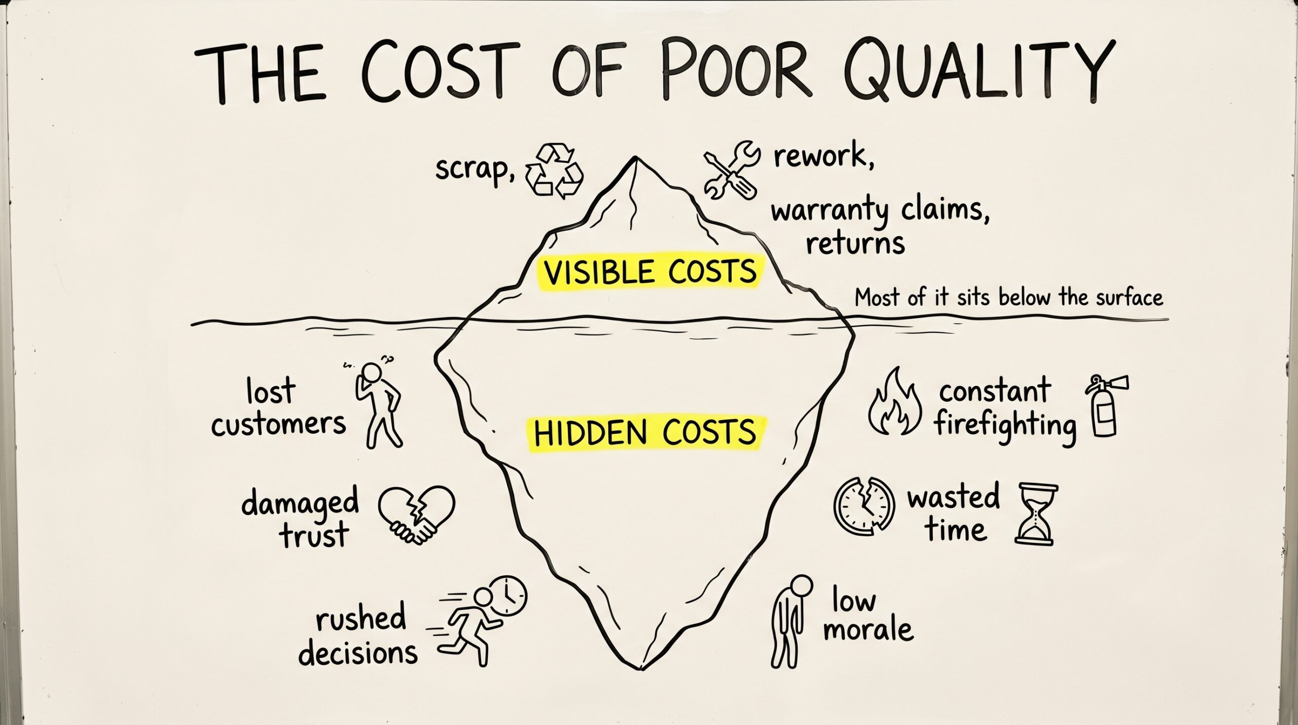 Cost of poor quality iceberg: visible costs like scrap and rework above the waterline, larger hidden costs like lost customers and damaged trust below it