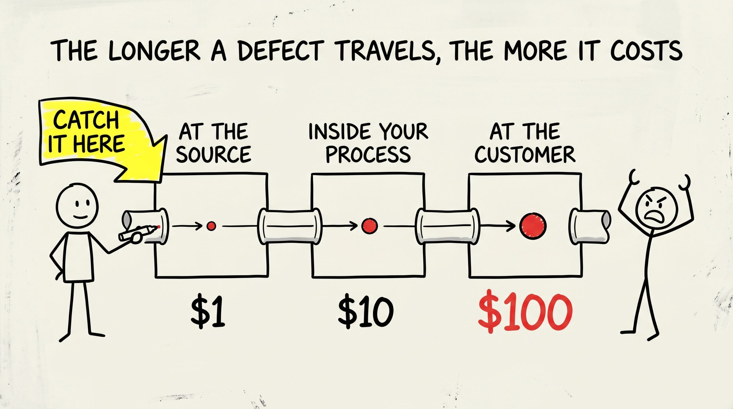 A defect travelling through a process pipeline, growing more expensive at each stage: $1 at the source, $10 inside the process, $100 at the customer