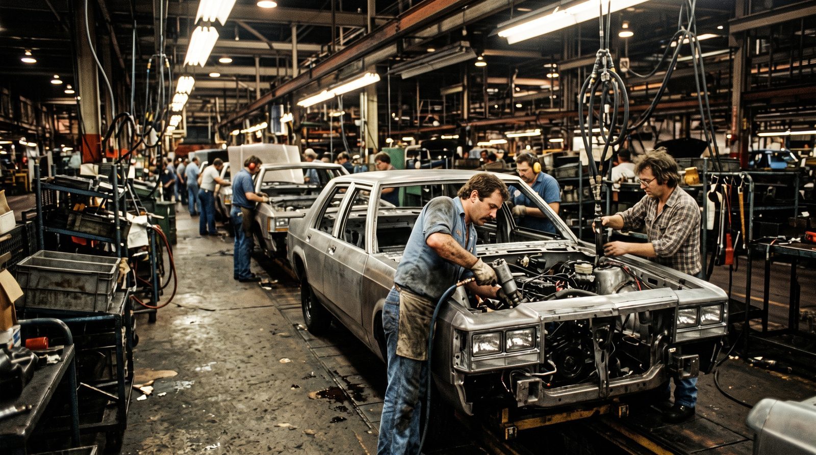 1980s American automobile assembly line during the quality turnaround era