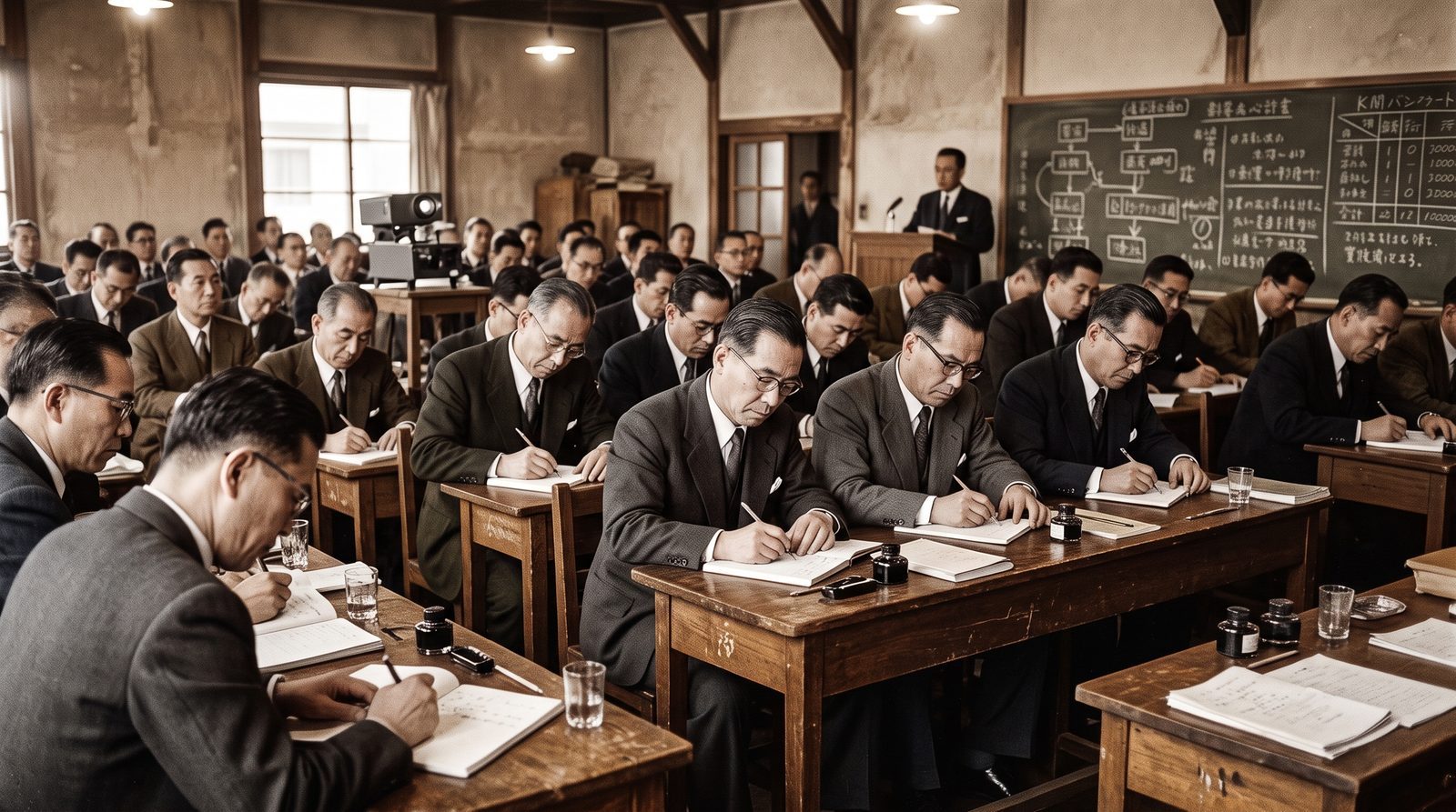 Japanese engineers at a 1950s statistical quality control seminar in postwar Japan