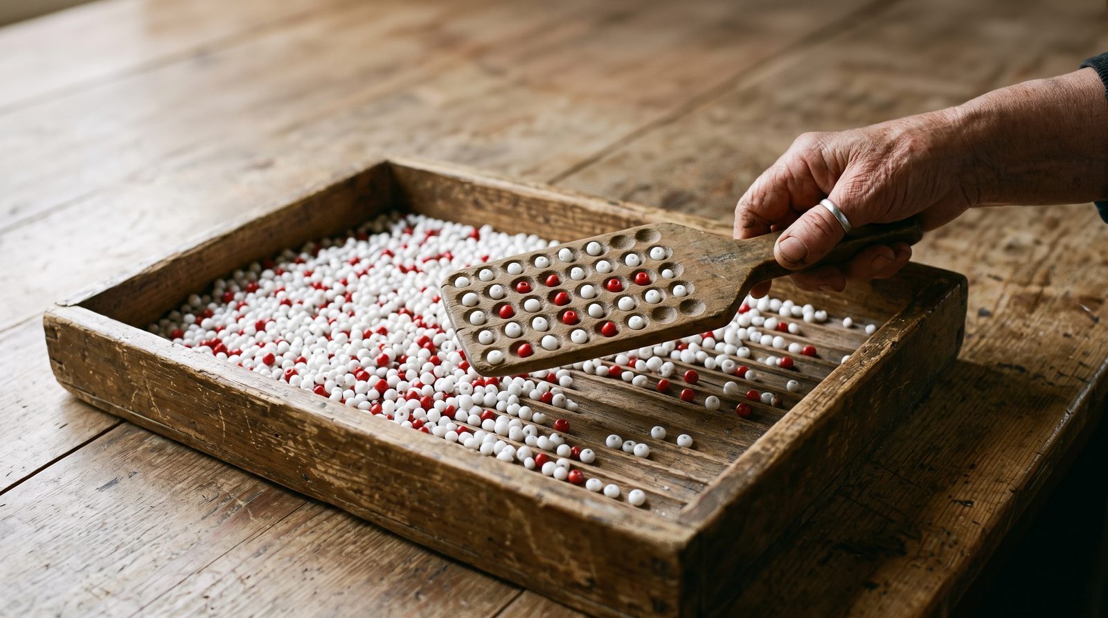Conceptual image of the Red Bead Experiment showing red and white beads used by Deming
