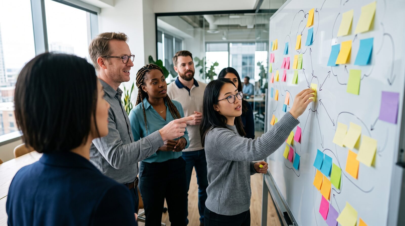 Cross-functional team mapping causes on a Fishbone Diagram using the 6 Ms framework
