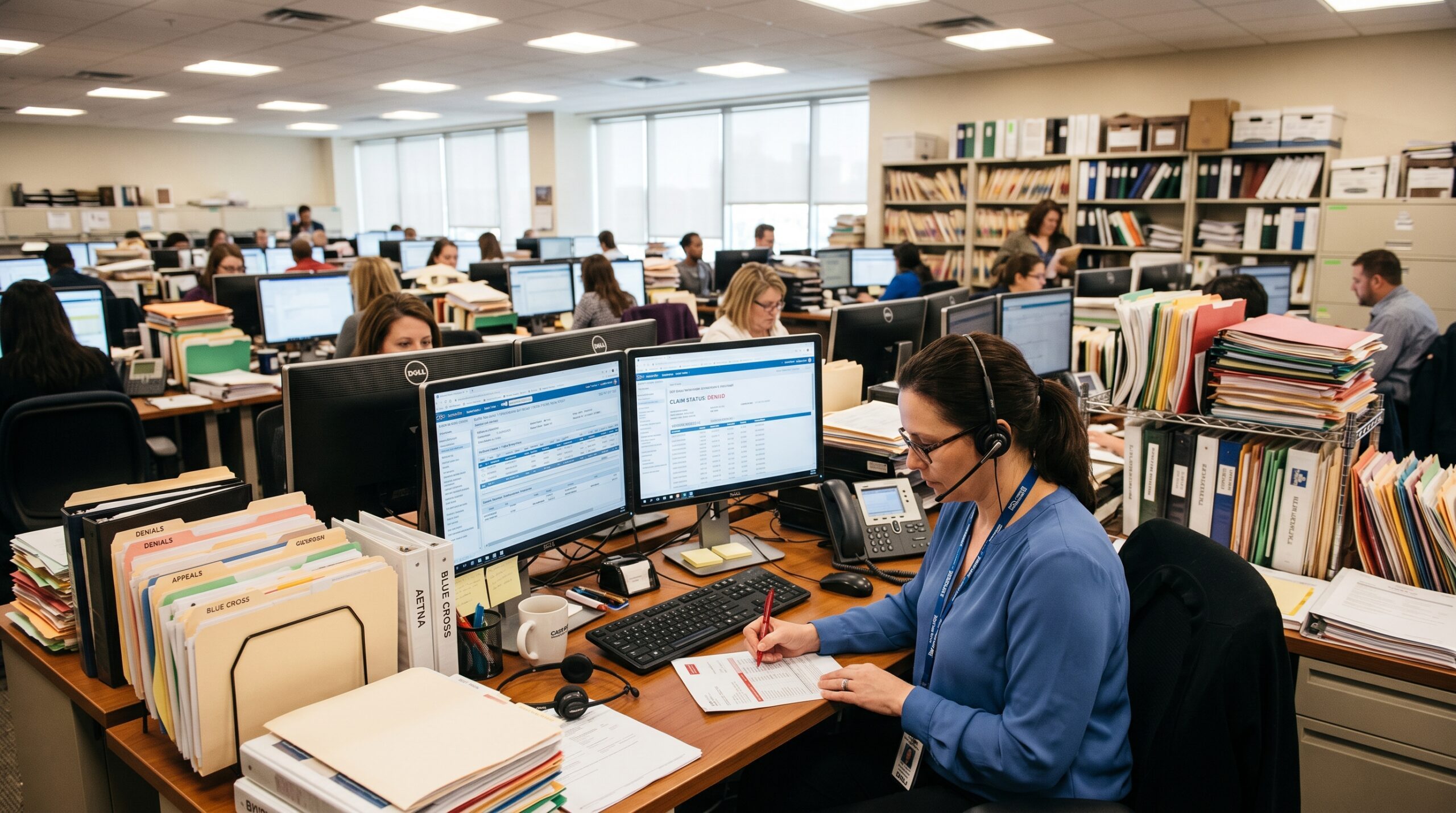 Back-office team reworking denied medical claims, a hidden factory in healthcare administration