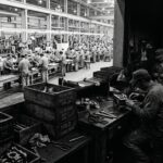 Hidden factory rework area in the foreground of a busy 1970s manufacturing plant