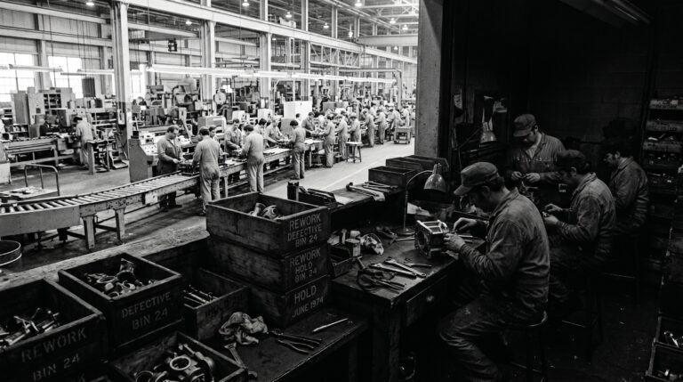 Hidden factory rework area in the foreground of a busy 1970s manufacturing plant