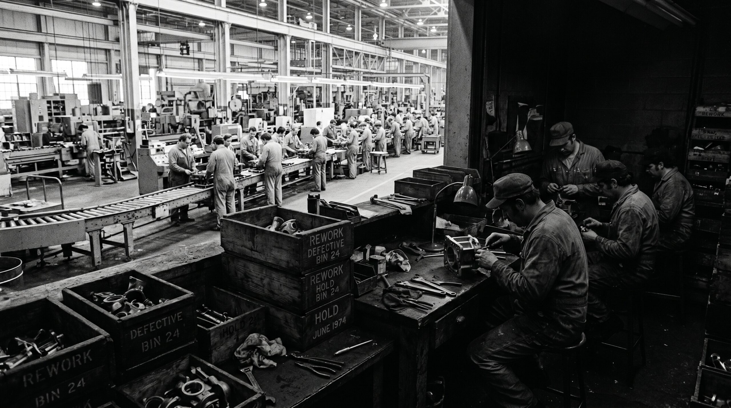 Hidden factory rework area glowing in the foreground of a busy 1970s manufacturing plant