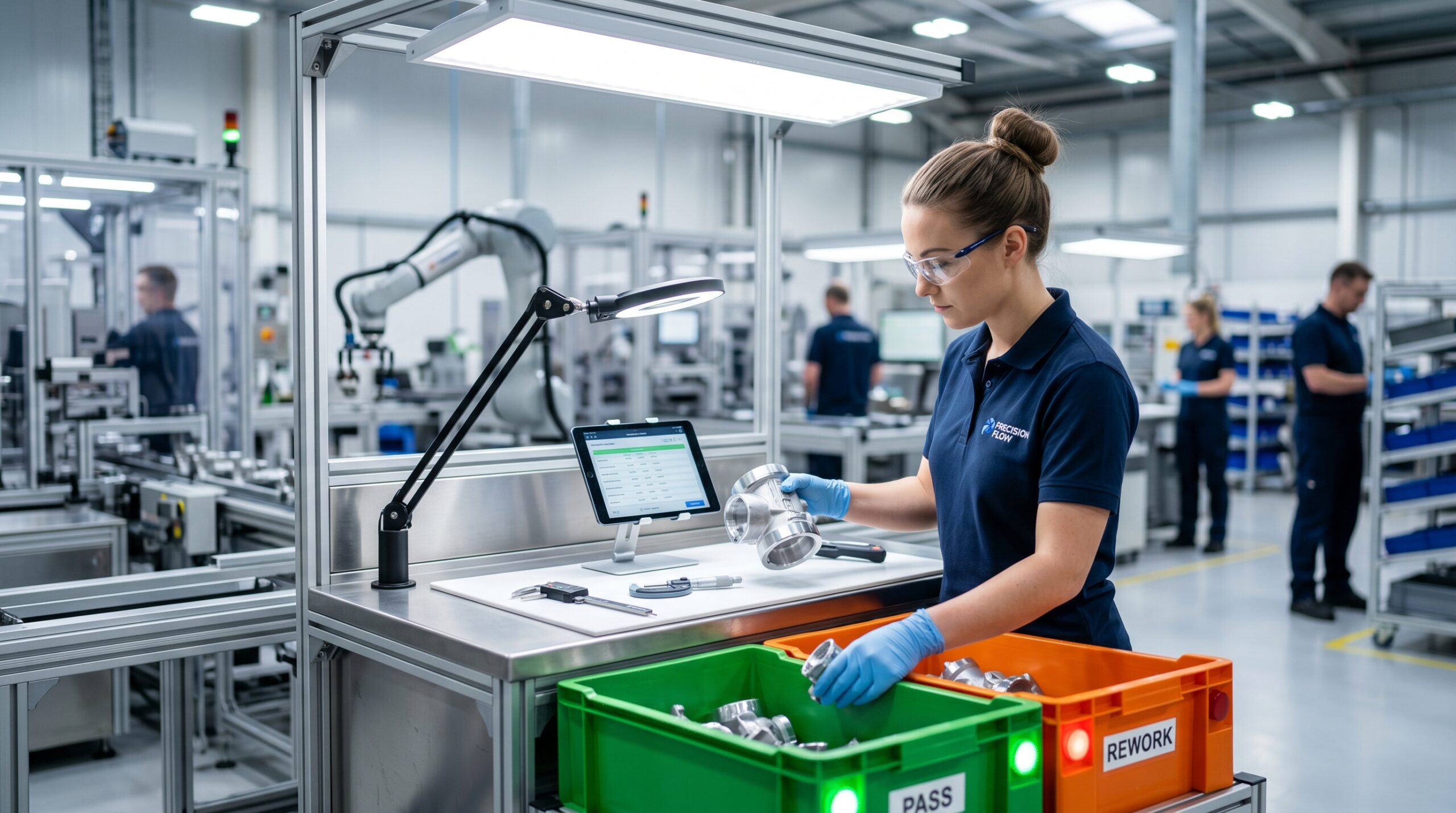 Inspection and sorting station representing where the hidden factory diverts defective units for rework