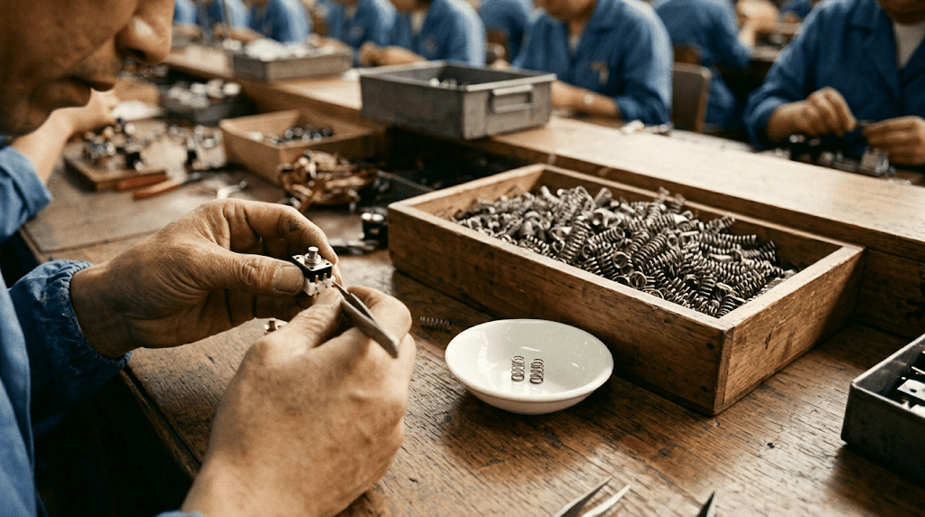 Vintage close-up of a 1960s Japanese factory worker's hands assembling a push-button switch, beside a box of springs and the small white dish that became the first poka-yoke