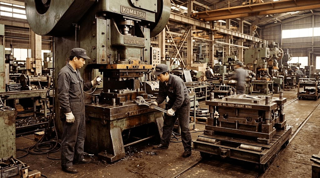 Vintage 1960s Toyota stamping-press die changeover, two engineers timing the setup with a stopwatch, illustrating Shigeo Shingo's SMED method
