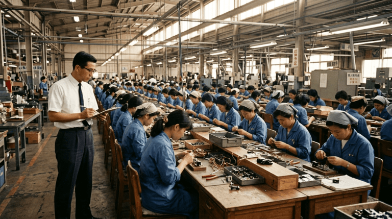 Vintage 1960s Japanese factory floor with an industrial engineer observing rows of assembly-line workers, the era of Shigeo Shingo and poka-yoke