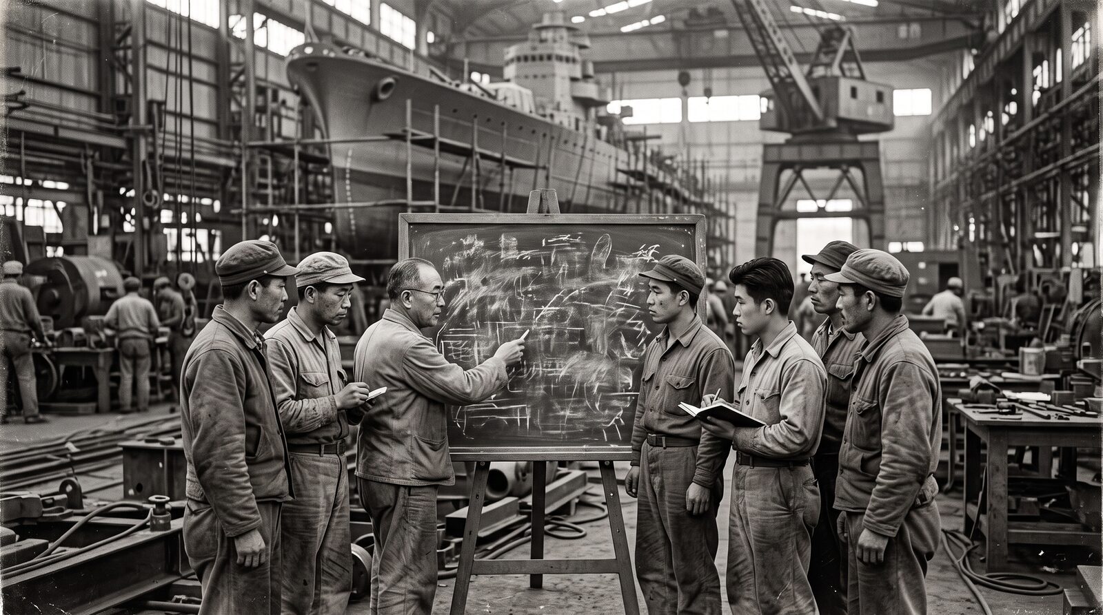 Vintage shipyard scene representing the 1943 origin of the Ishikawa Fishbone Diagram in Japan