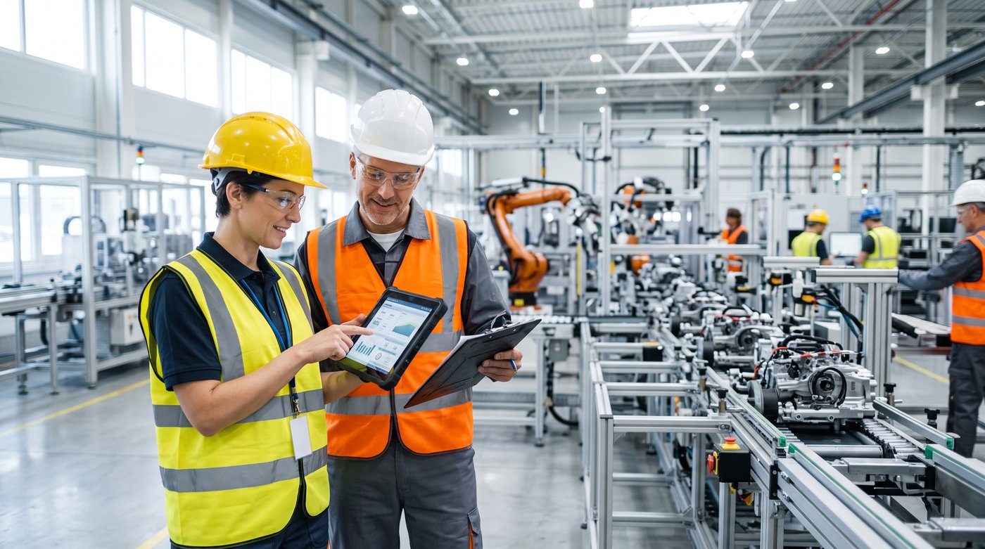 Modern manufacturing line where a quality team reviews Interrelationship Digraph findings on a tablet