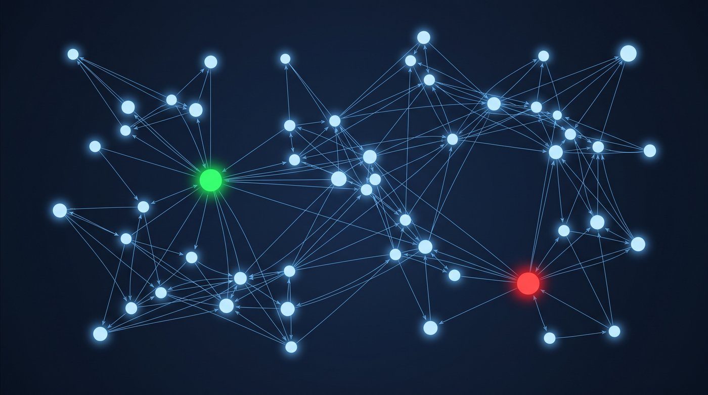 Interrelationship Digraph network illustration with a green driver node and a red bottleneck node connected by arrows