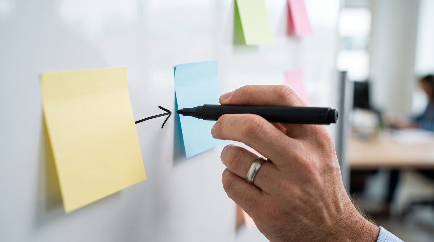 Hand drawing a single directional arrow between two sticky notes while building an Interrelationship Digraph