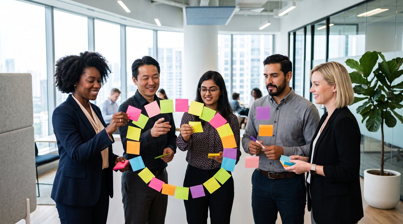 Cross-functional team building an Interrelationship Digraph around a whiteboard with sticky notes