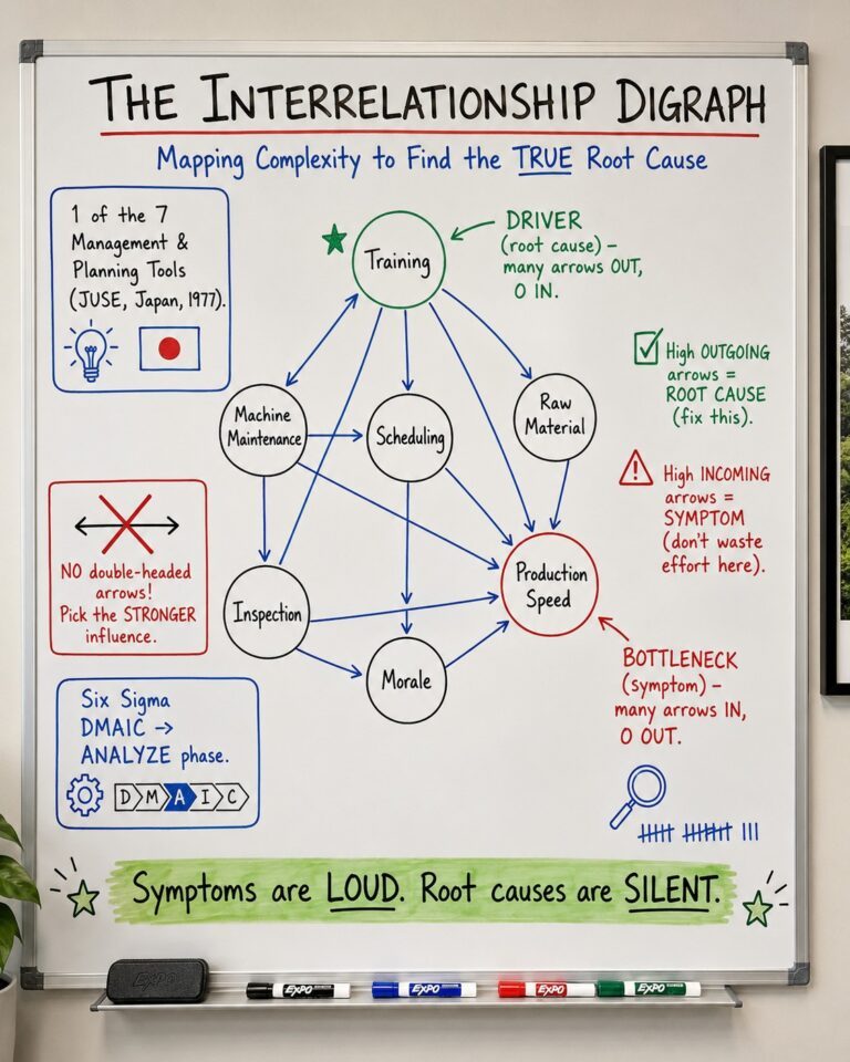 Interrelationship Digraph whiteboard showing nodes, directional arrows, a green driver node and a red bottleneck node