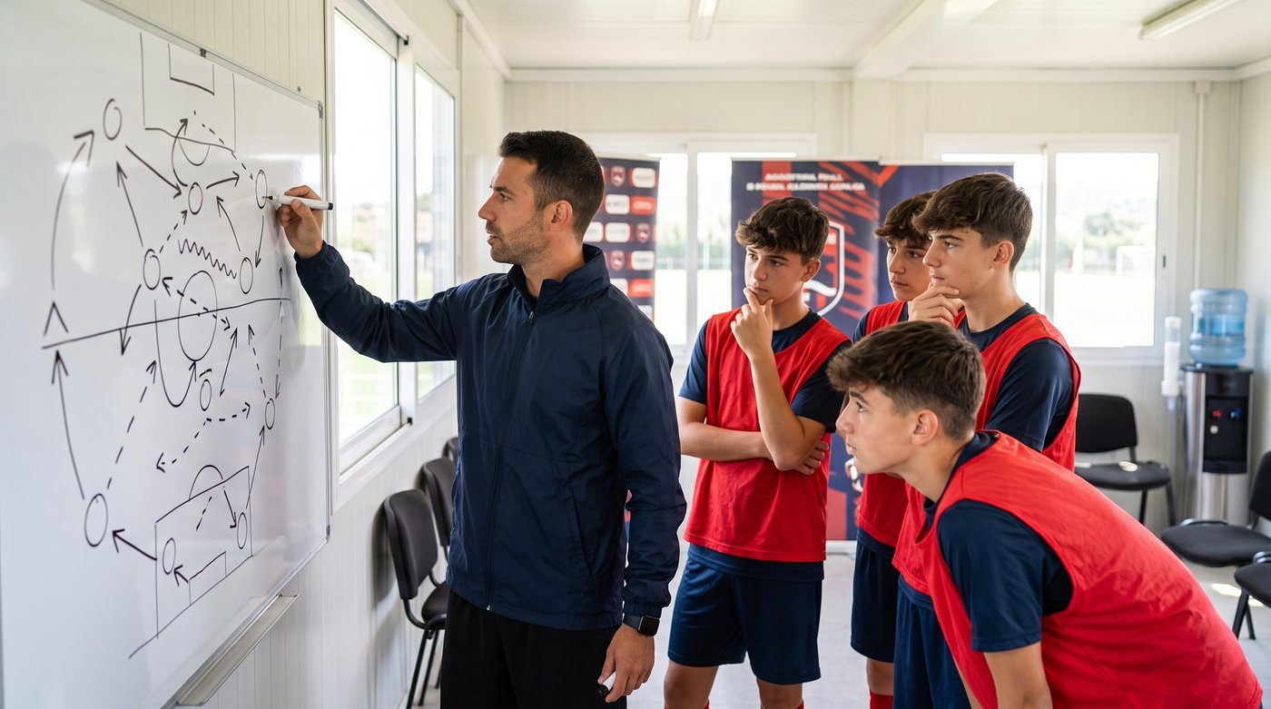 Football coach drawing tactical diagrams on a whiteboard for young academy players
