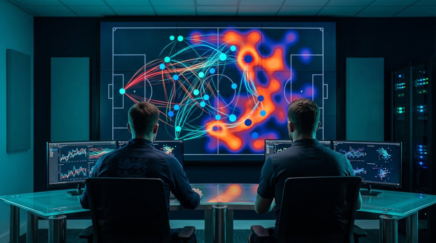 Analysts studying live football tracking data and heat maps on large screens, operational excellence instrumentation in action