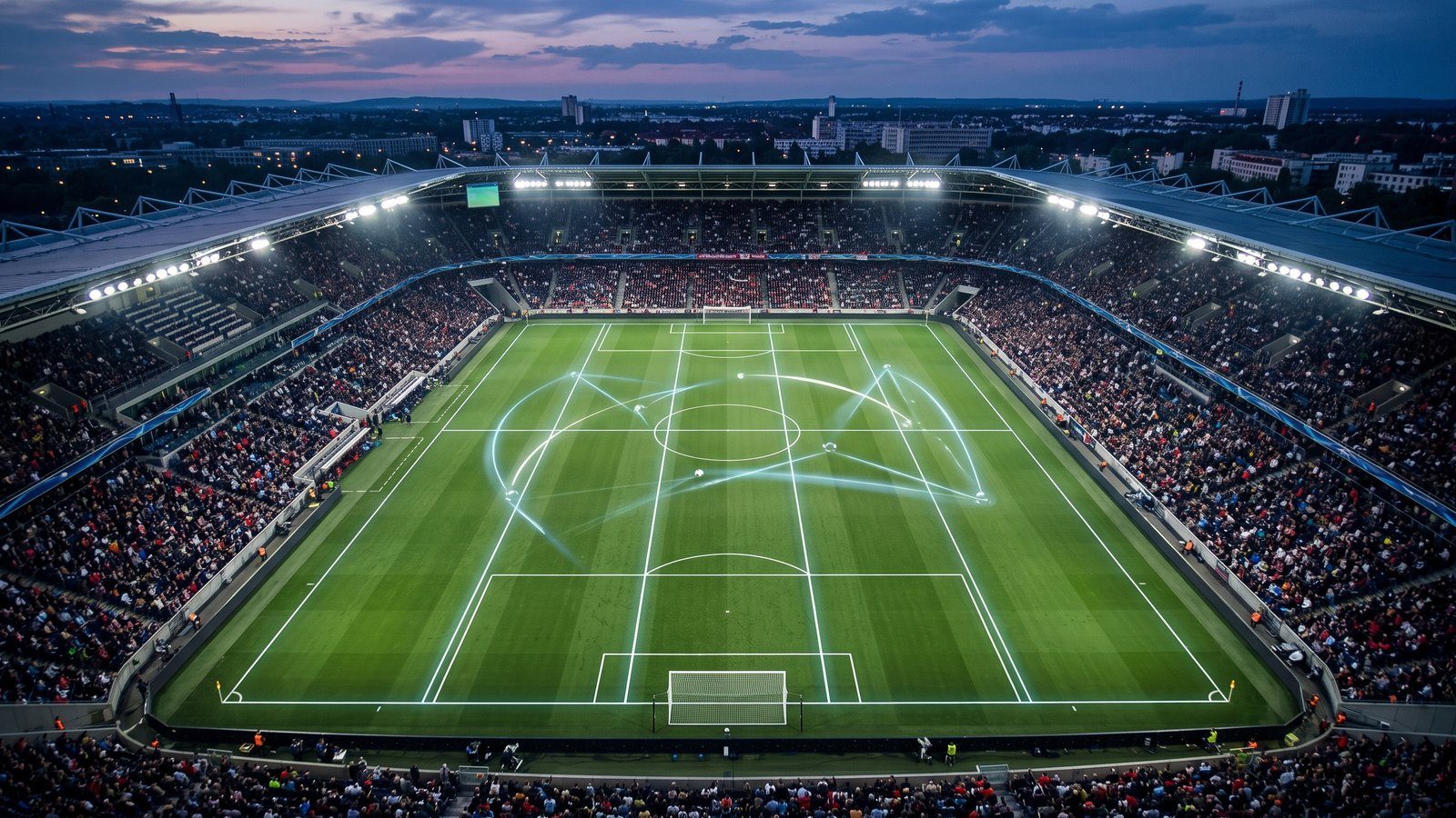 Aerial view of a floodlit football pitch overlaid with tactical grid lines, an operational excellence view of Spain's football system
