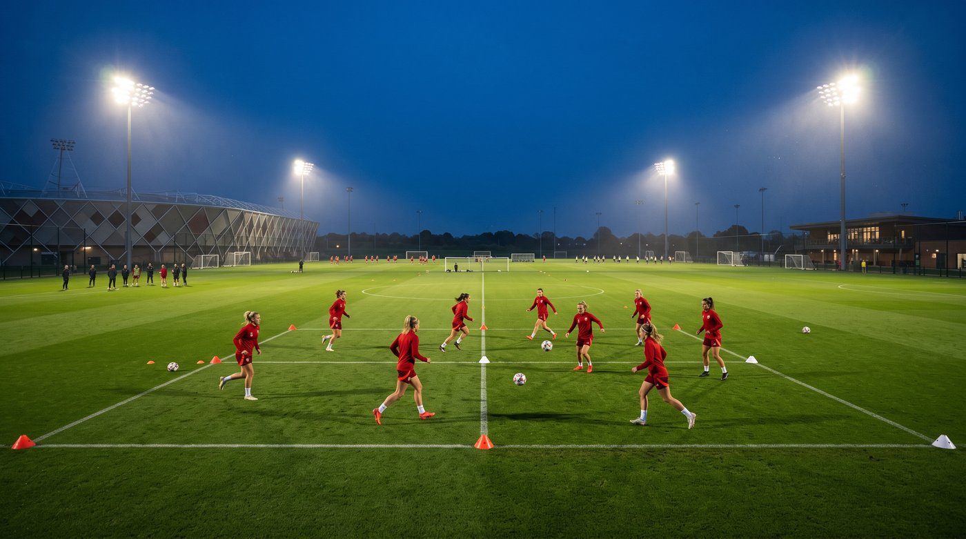 Professional women's football team training under floodlights at dusk