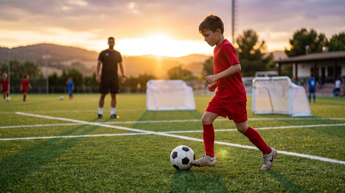 Young boy in a red kit dribbling a football at a golden-hour youth training session with mini goals